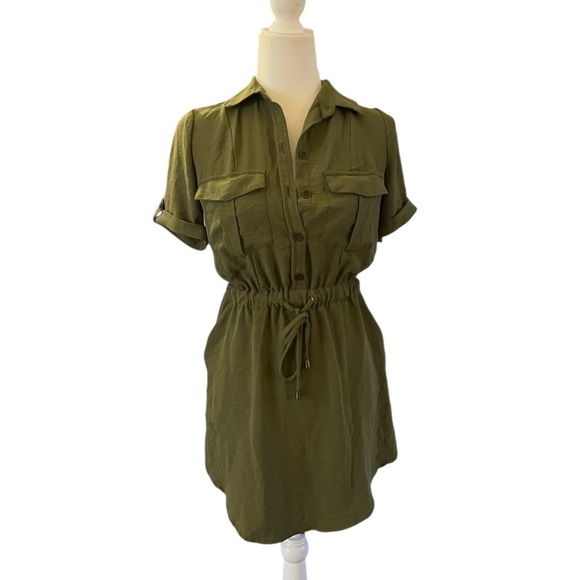 indulge Dresses & Skirts - Indulge Military-Style Shirt Dress Olive Green Mini Dress Size Small.